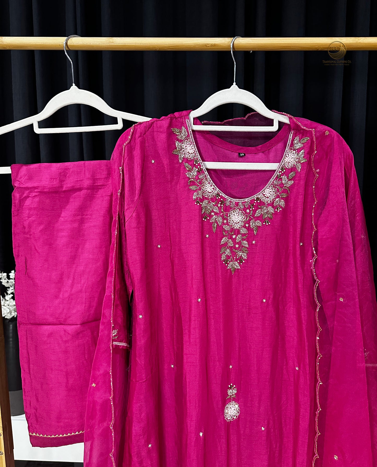 Bright Pink Handwork 3-piece Kurta Set – Floral Neckline with Dupatta | Festive & Cultural Wear