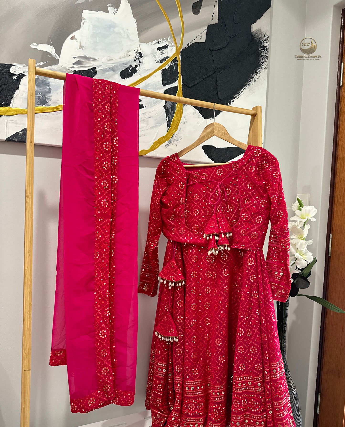 Elegant Red Embroidered Lehenga Choli with Dupatta & Matching Potli Bag – Bridal & Festive Wear