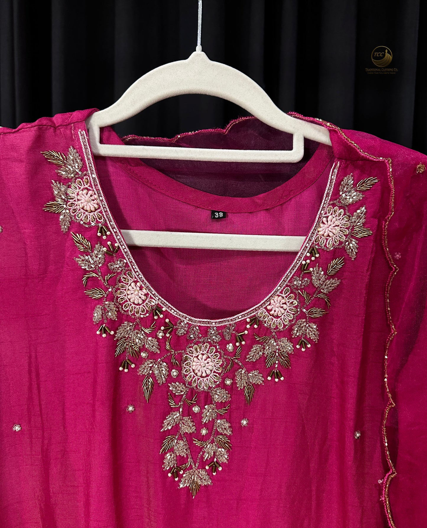 Bright Pink Handwork 3-piece Kurta Set – Floral Neckline with Dupatta | Festive & Cultural Wear
