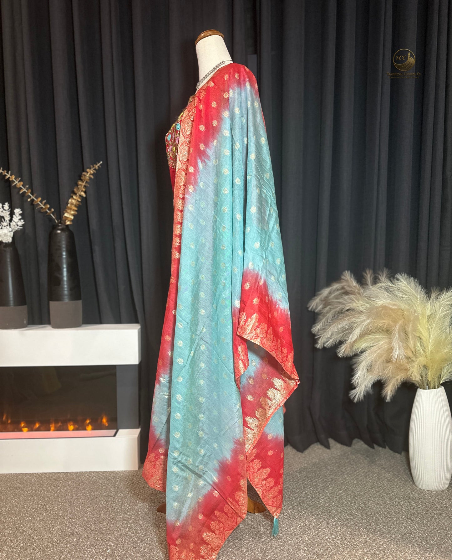 Red & Blue Traditional Handwork Kurta Set – Embroidered Neckline with Matching Dupatta | Festive Wear
