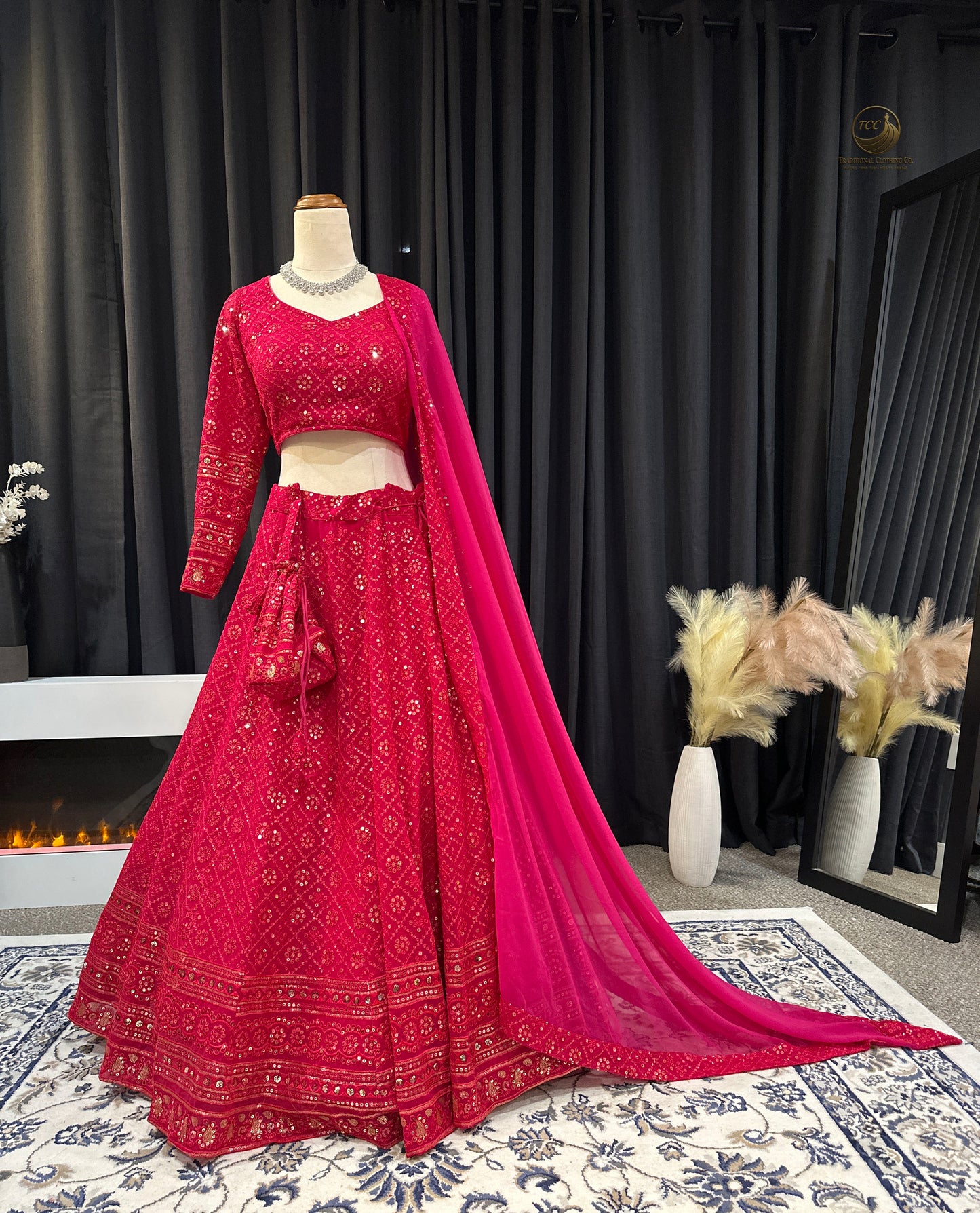 Elegant Red Embroidered Lehenga Choli with Dupatta & Matching Potli Bag – Bridal & Festive Wear