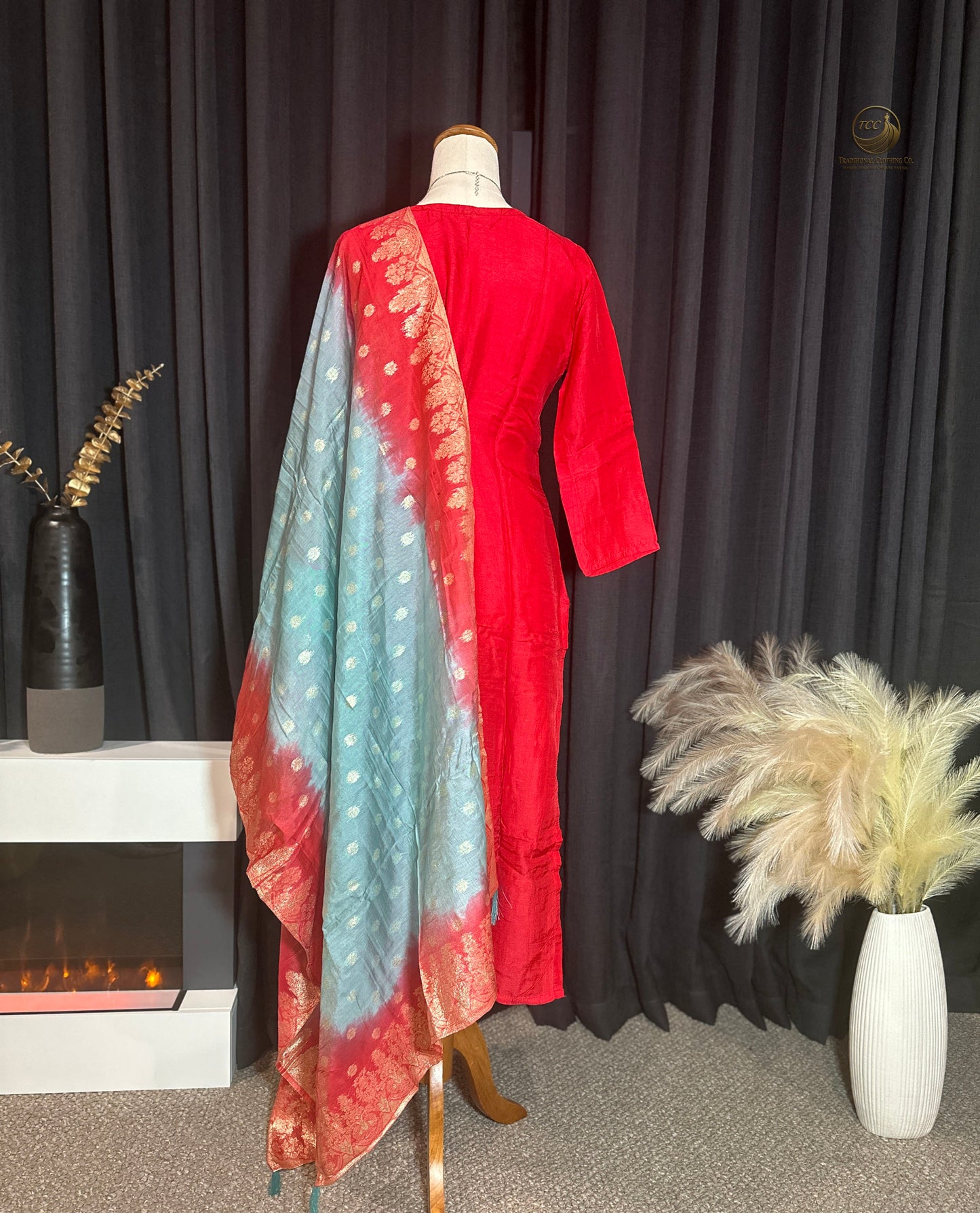 Red & Blue Traditional Handwork Kurta Set – Embroidered Neckline with Matching Dupatta | Festive Wear