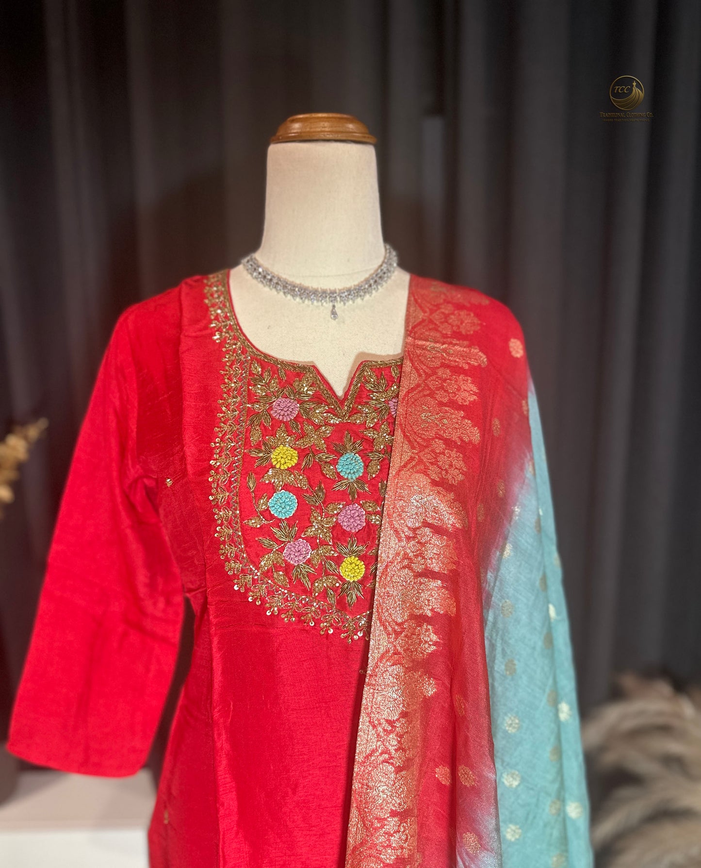 Red & Blue Traditional Handwork Kurta Set – Embroidered Neckline with Matching Dupatta | Festive Wear