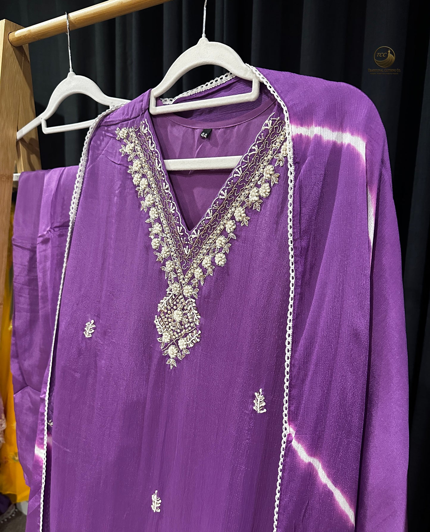 Purple Tie-Dye Traditional 3-Piece Ensemble with Gold & Multicolor Embroidery β Festive & Cultural Wear