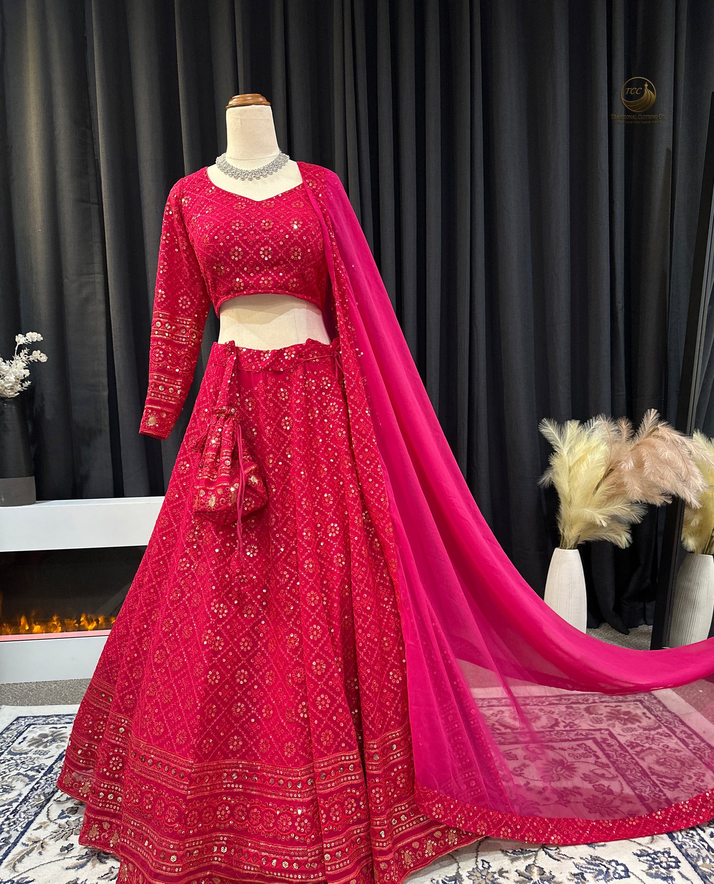 Elegant Red Embroidered Lehenga Choli with Dupatta & Matching Potli Bag – Bridal & Festive Wear