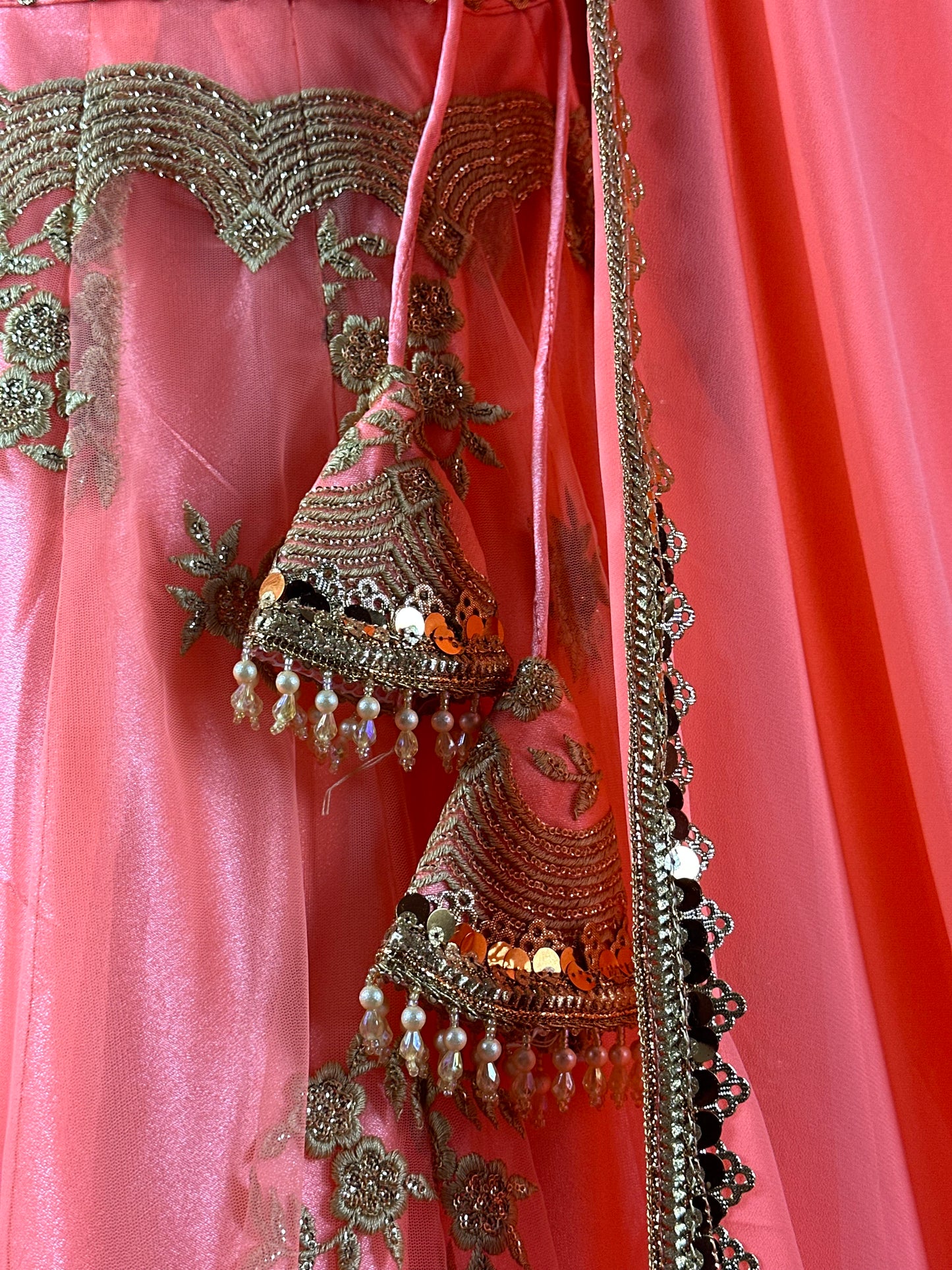 Boutique Peach Pink Embroidered Silk Lehenga Set with Gold Detailing