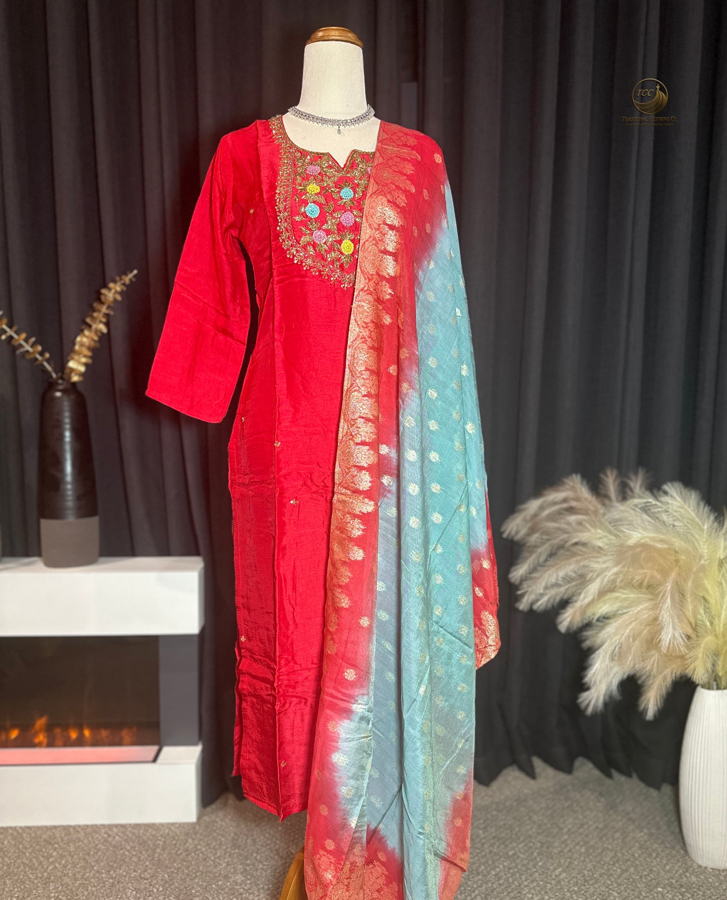 Red & Blue Traditional Handwork Kurta Set – Embroidered Neckline with Matching Dupatta | Festive Wear