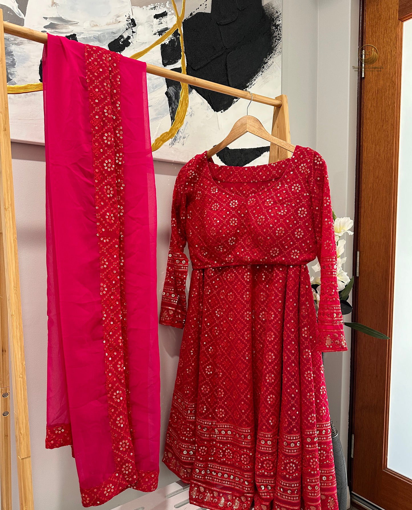 Elegant Red Embroidered Lehenga Choli with Dupatta & Matching Potli Bag – Bridal & Festive Wear