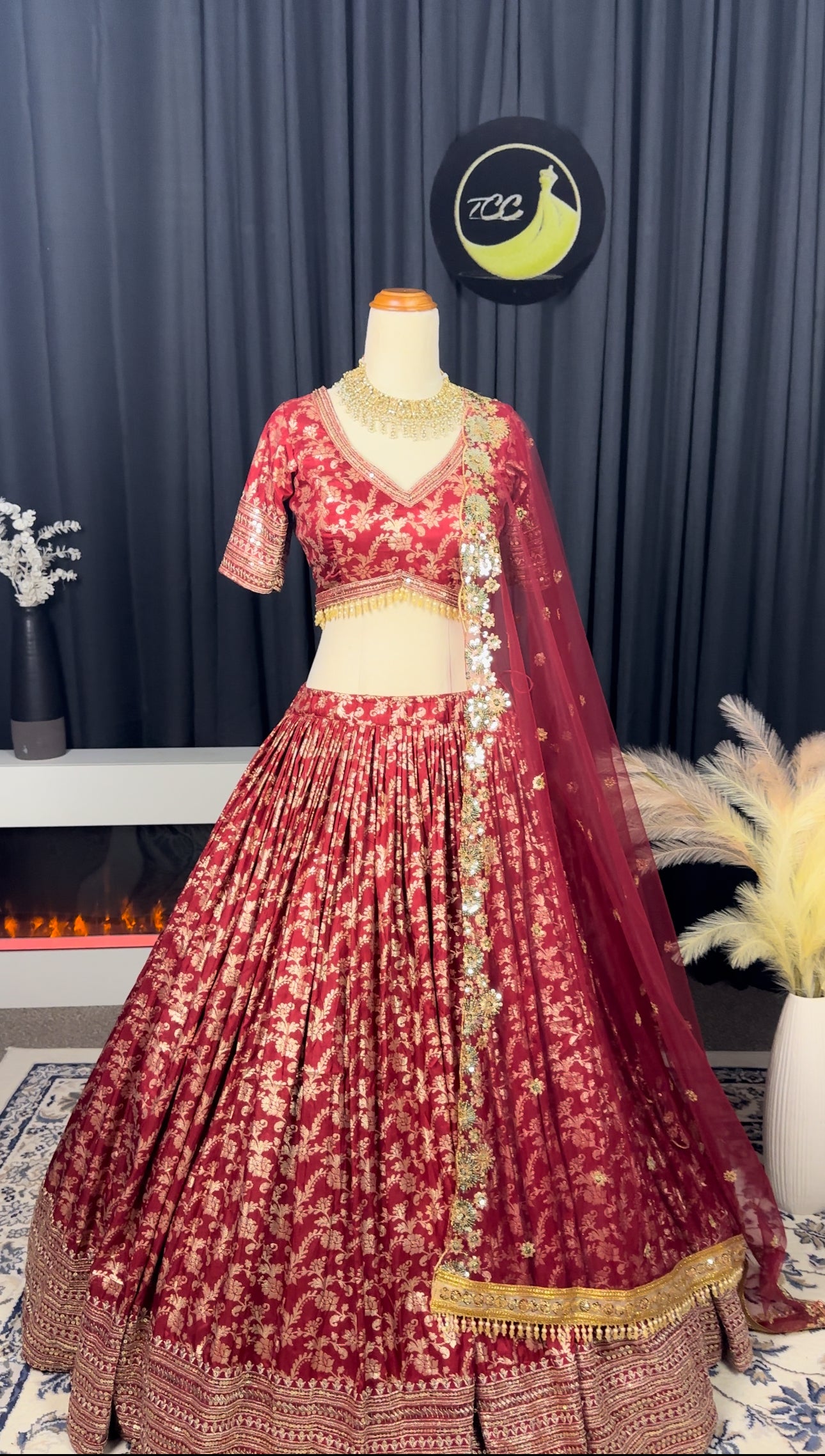 Boutique-Made Deep Maroon Bridal Lehenga Set with Heavy Zari & Sequin Embroidery