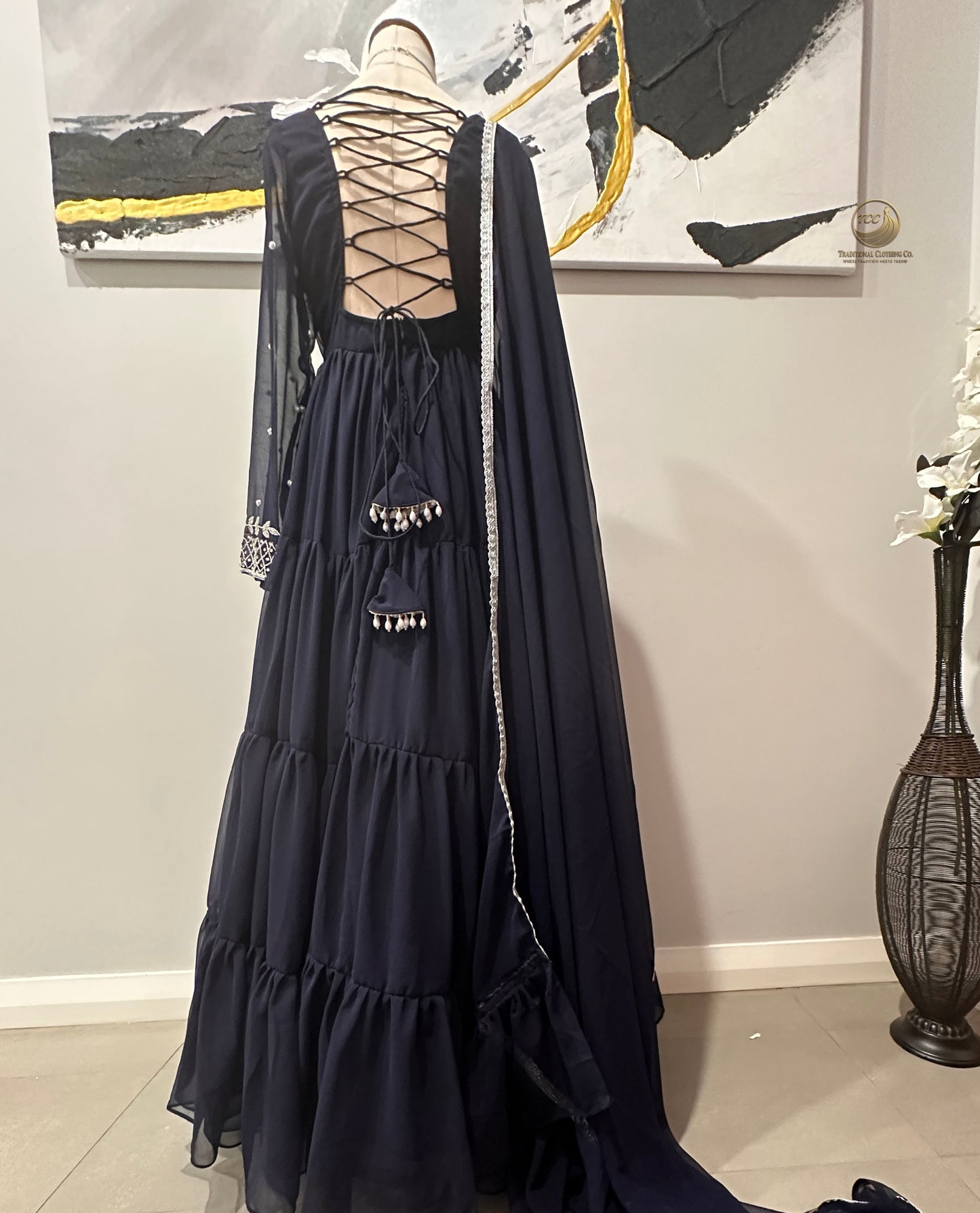Regal Navy Blue Tiered Lehenga Set with Crisscross Back & Sheer Sleeve โ 3-Piece Festive Ensemble