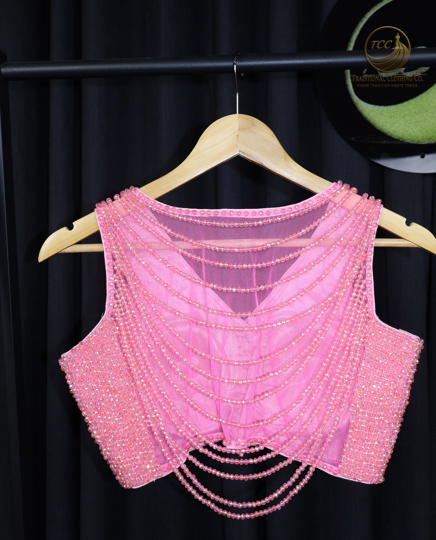 Elegant Pink Beaded Blouse – Sheer & Sparkling Statement Piece