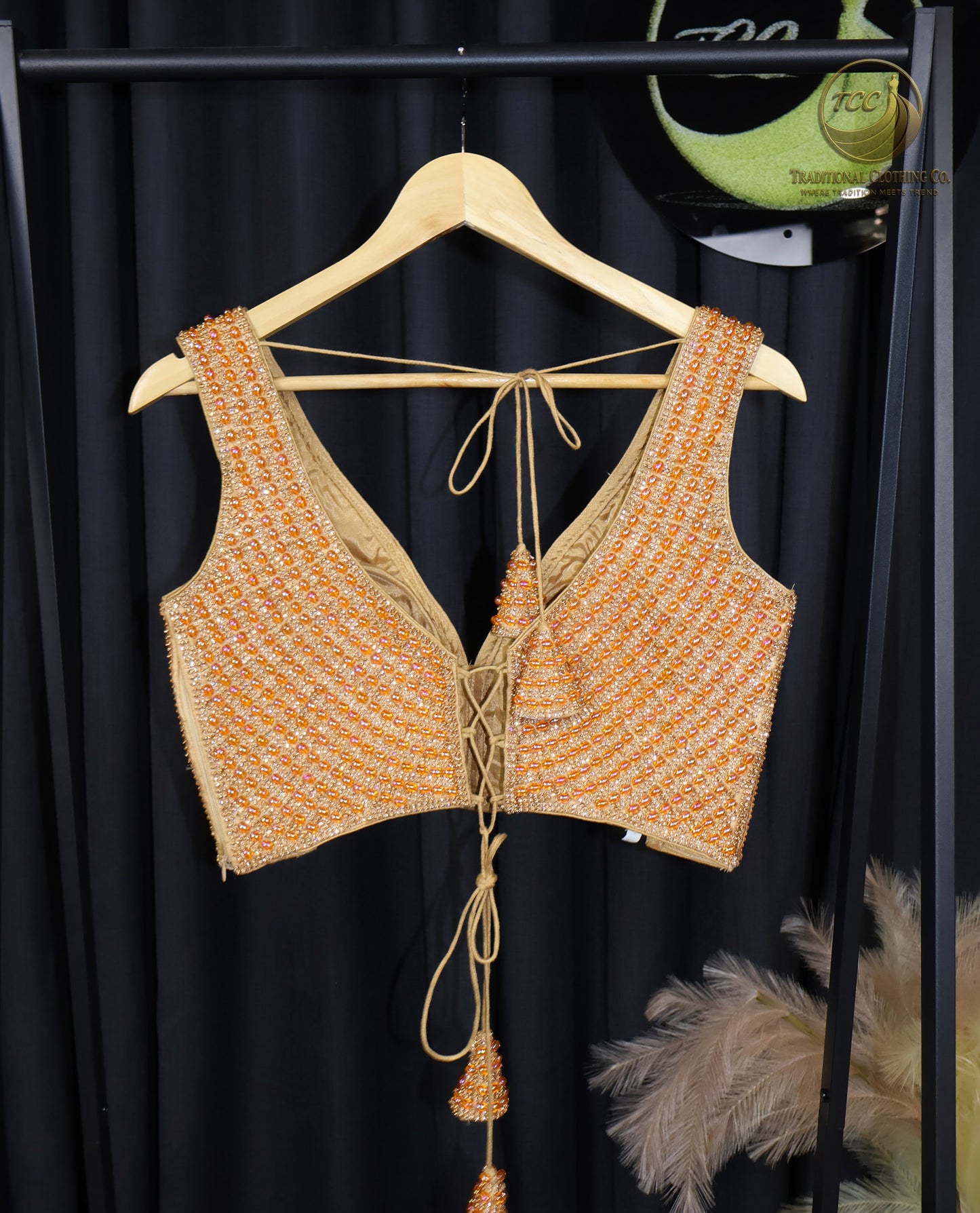 Premium Brown Beaded Sleeveless Blouse with Lace-Up Back – Festive Ethnic Wear