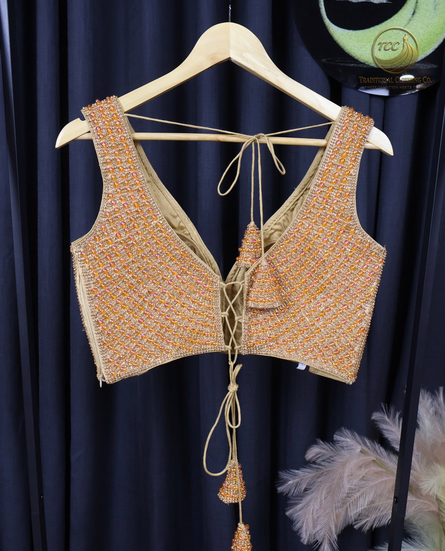 Premium Brown Beaded Sleeveless Blouse with Lace-Up Back – Festive Ethnic Wear