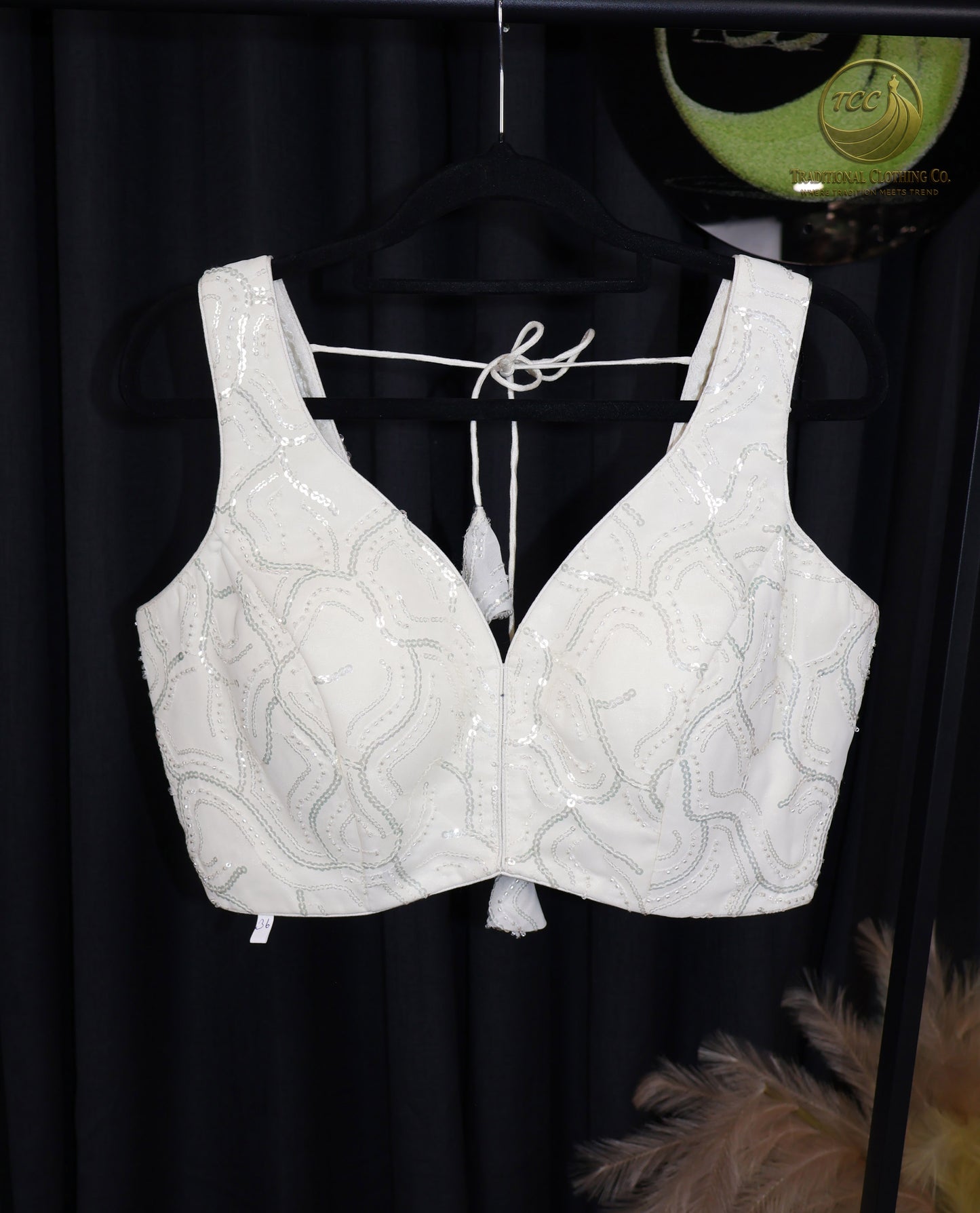 White Sequin Embellished Tie-Back Blouse – Elegant Party & Wedding Wear