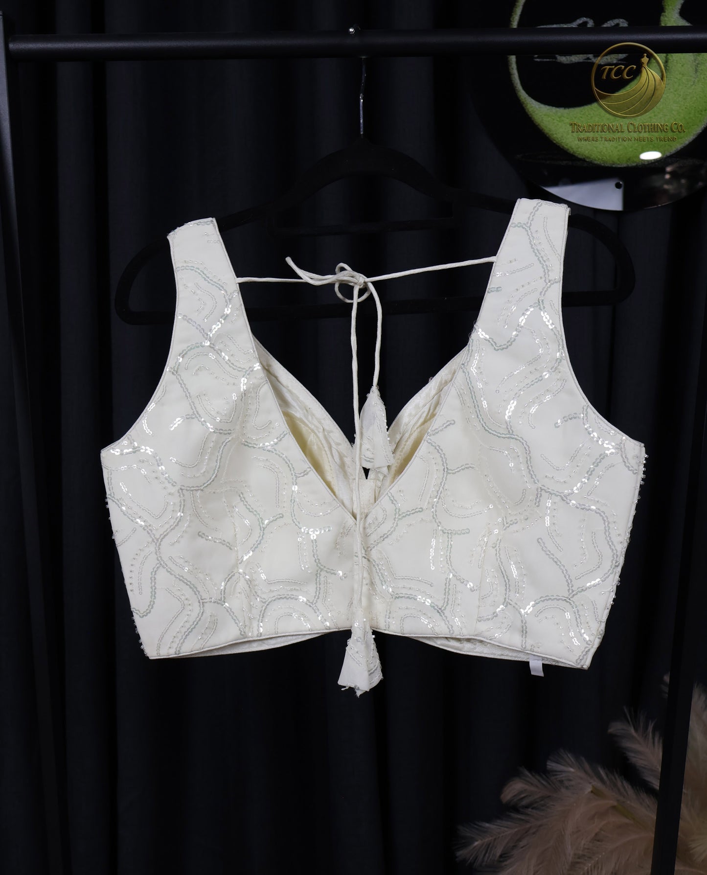 White Sequin Embellished Tie-Back Blouse – Elegant Party & Wedding Wear