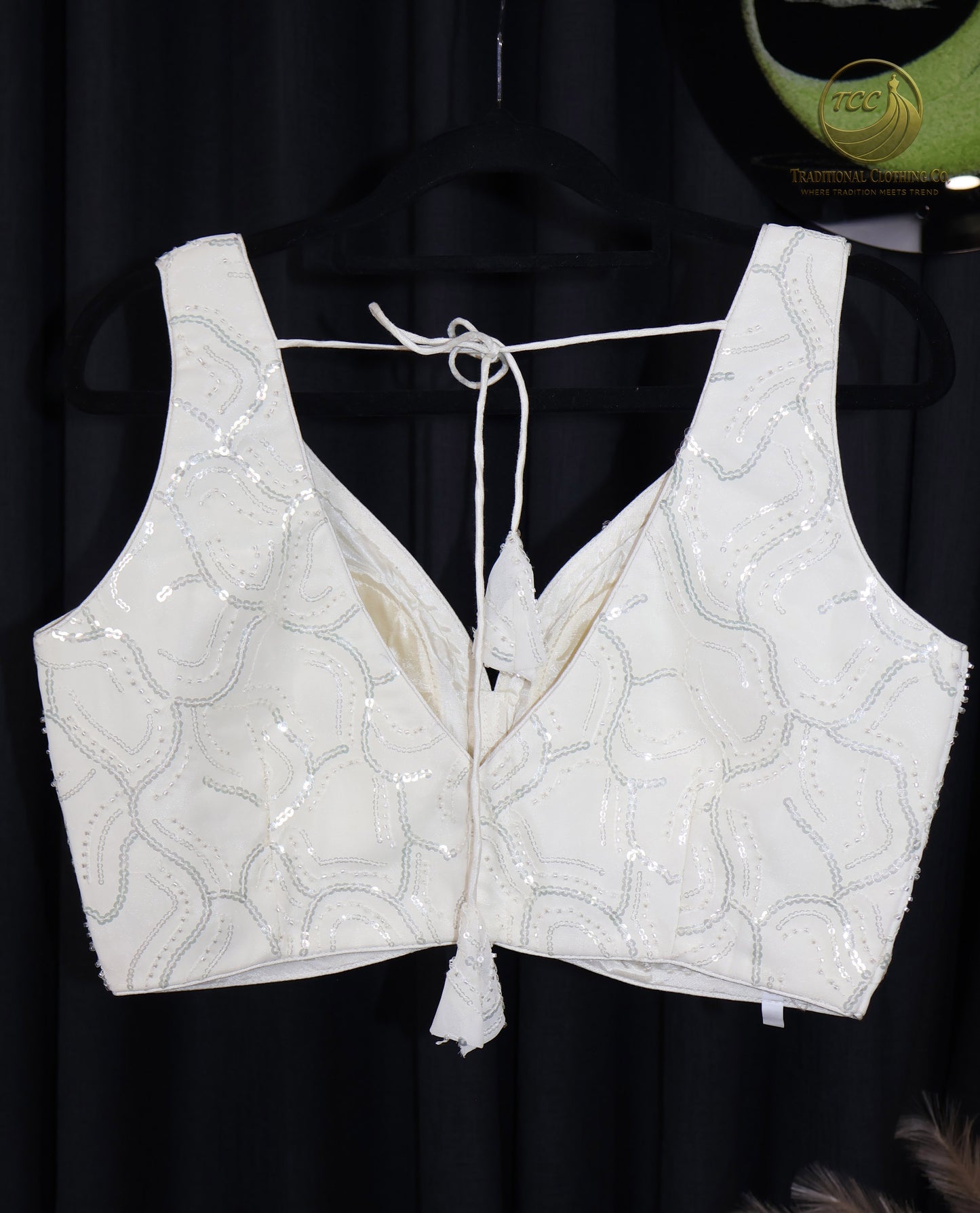 White Sequin Embellished Tie-Back Blouse – Elegant Party & Wedding Wear
