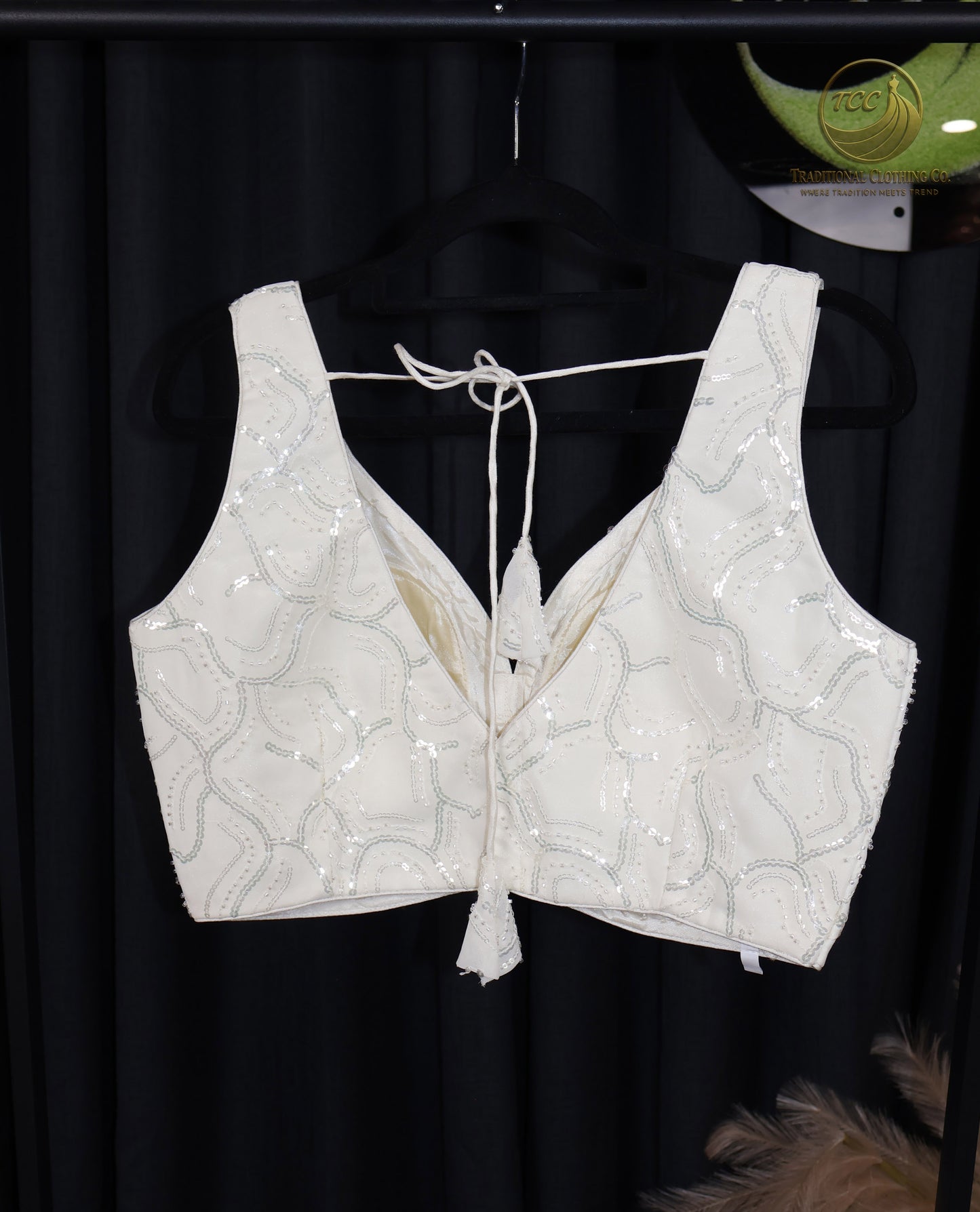 White Sequin Embellished Tie-Back Blouse – Elegant Party & Wedding Wear