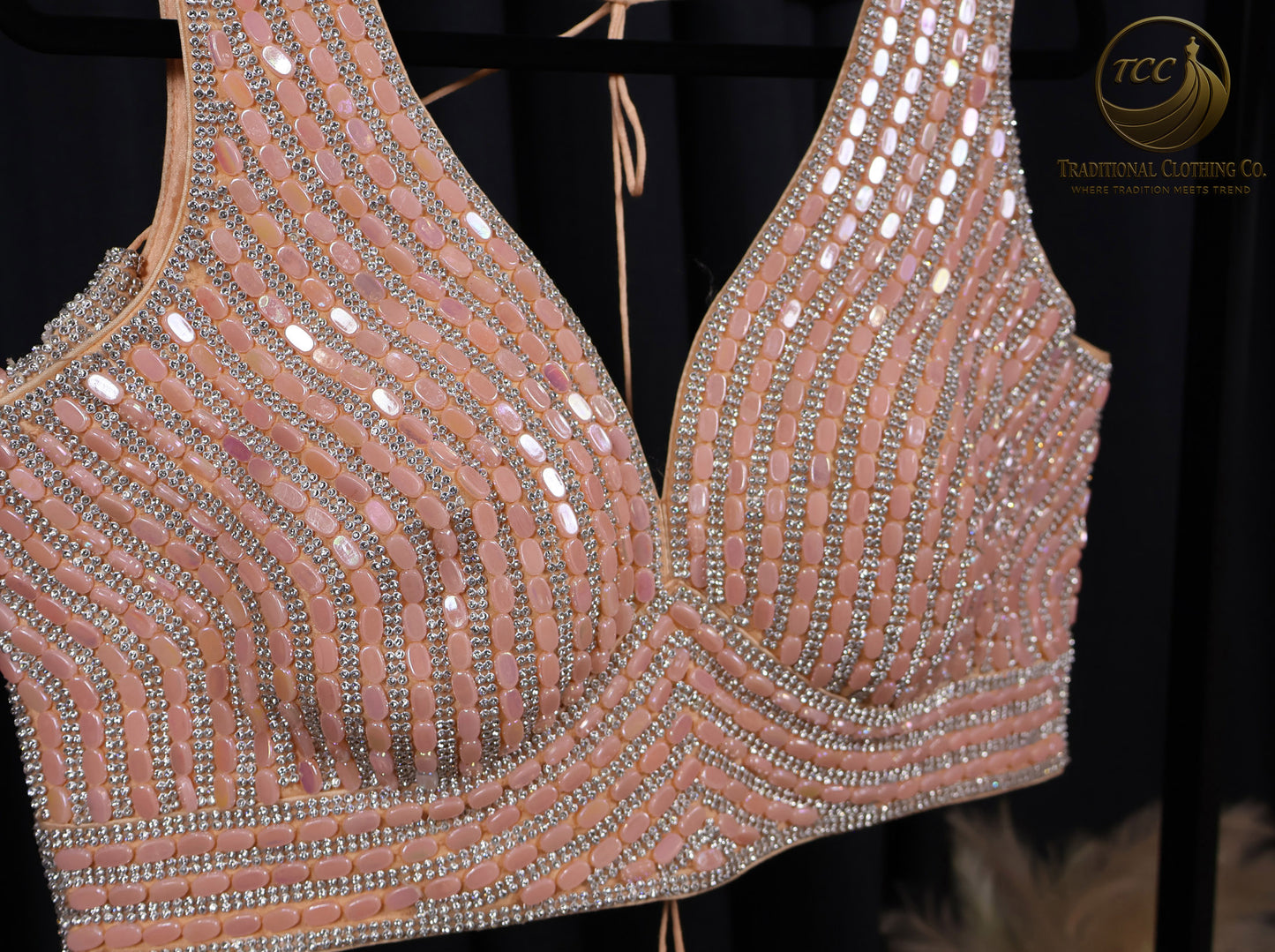 Peach Sequin Beaded Sleeveless Saree Blouse – Elegant Festive & Wedding Wear