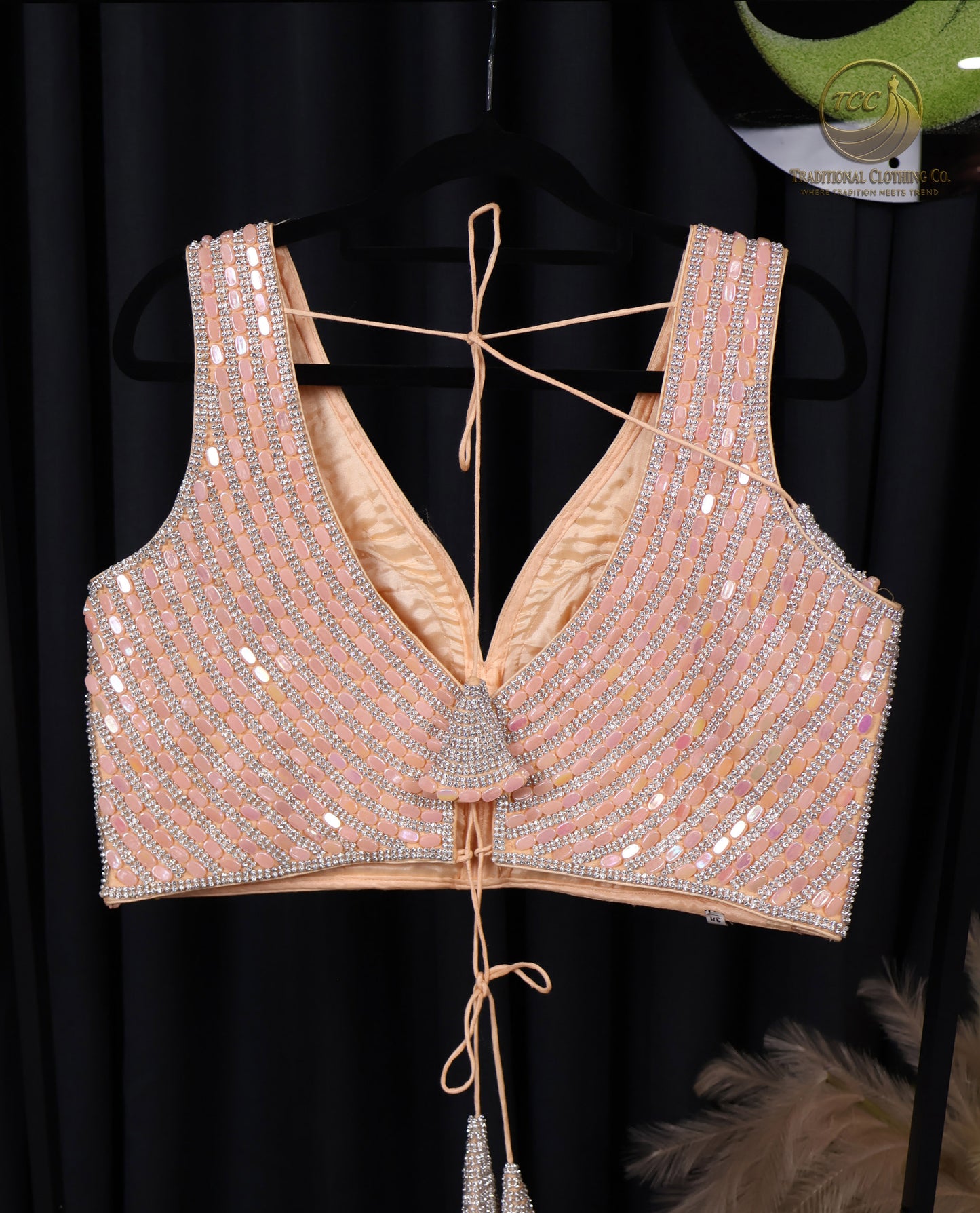 Peach Sequin Beaded Sleeveless Saree Blouse – Elegant Festive & Wedding Wear