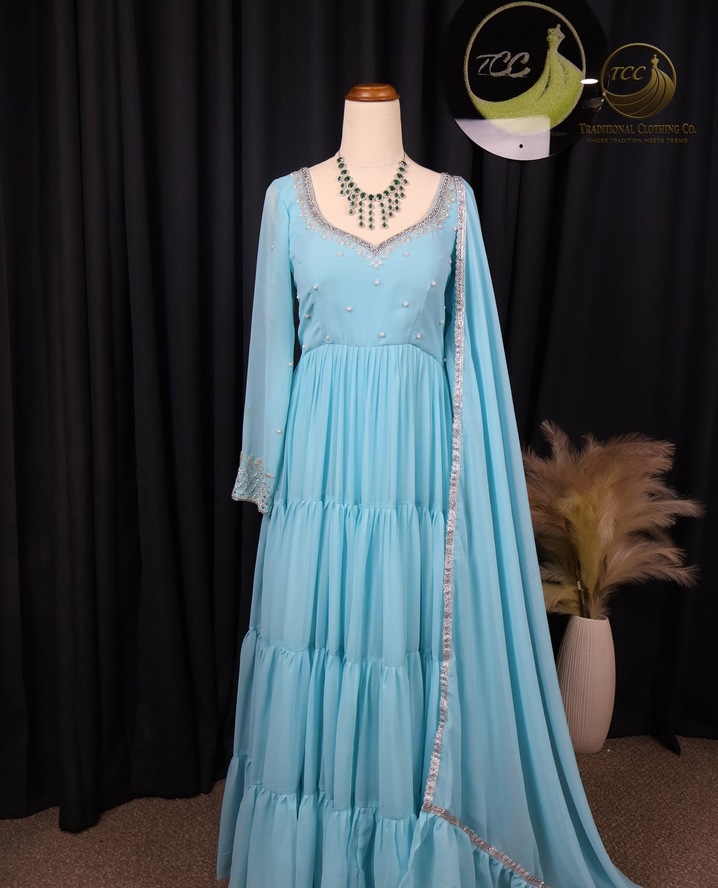 Elegant Light Blue Layered Gown with Lace-Up Back & Tassel Detailing – Festive & Occasion Wear