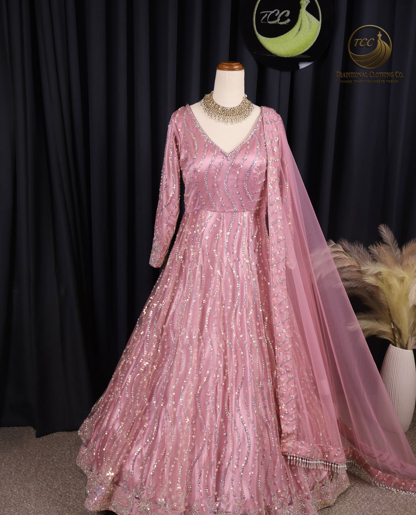 Pink Heavy Handwork Gown with Sheer Dupatta – Elegant Festive & Wedding Wear