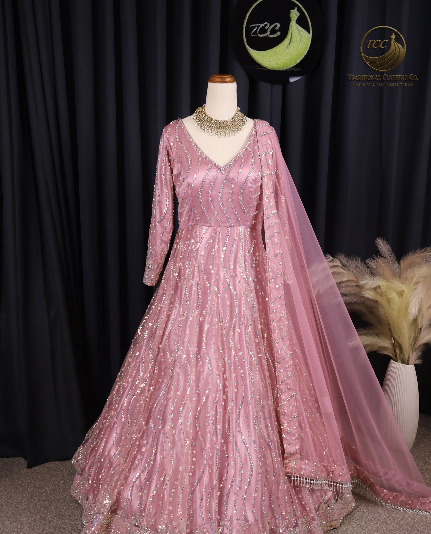 Pink Heavy Handwork Gown with Sheer Dupatta – Elegant Festive & Wedding Wear