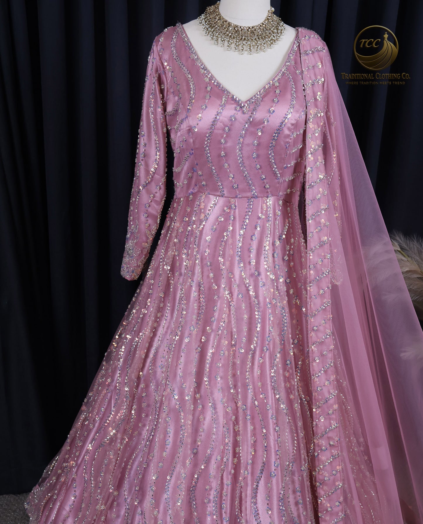 Pink Heavy Handwork Gown with Sheer Dupatta – Elegant Festive & Wedding Wear