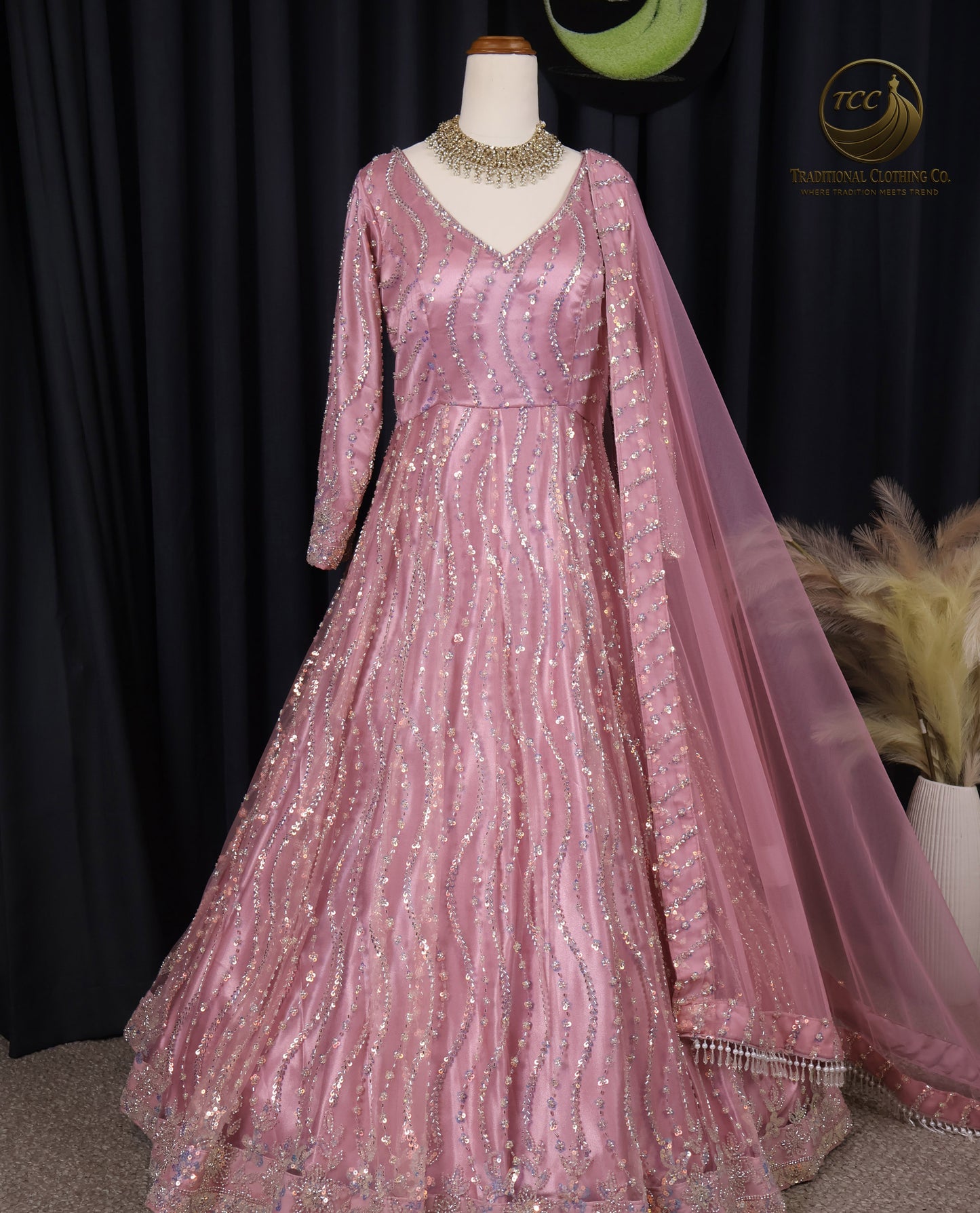Pink Heavy Handwork Gown with Sheer Dupatta – Elegant Festive & Wedding Wear