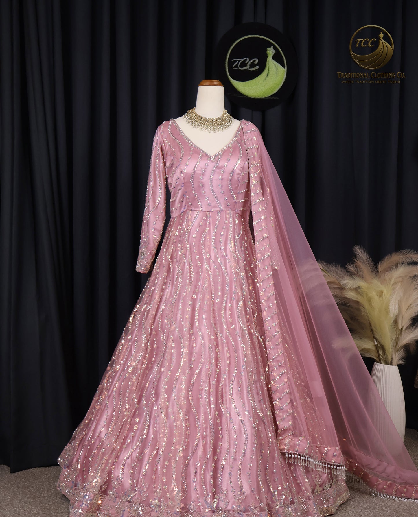 Pink Heavy Handwork Gown with Sheer Dupatta – Elegant Festive & Wedding Wear