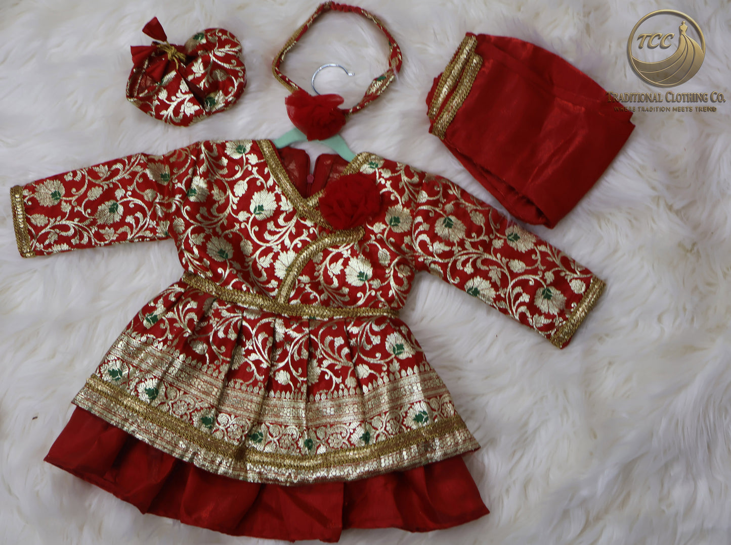 Traditional 4-Piece Pasni Set – Embroidered Festive Wear with Matching Shoes & Headband | Red and Golden colour