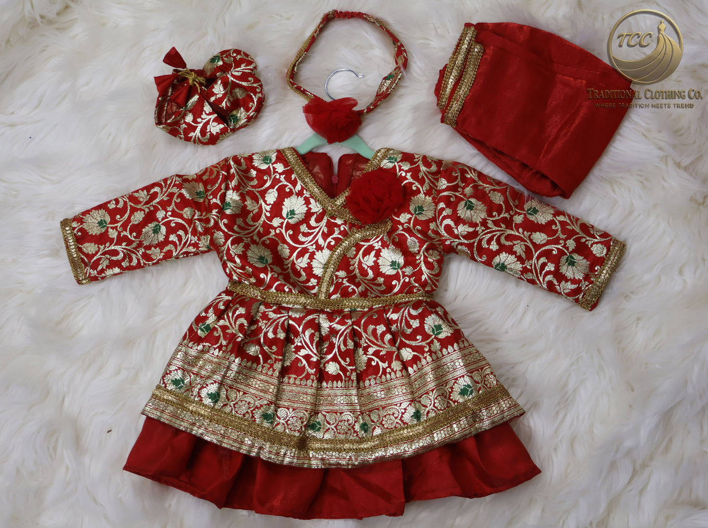Traditional 4-Piece Pasni Set – Embroidered Festive Wear with Matching Shoes & Headband | Red and Golden colour
