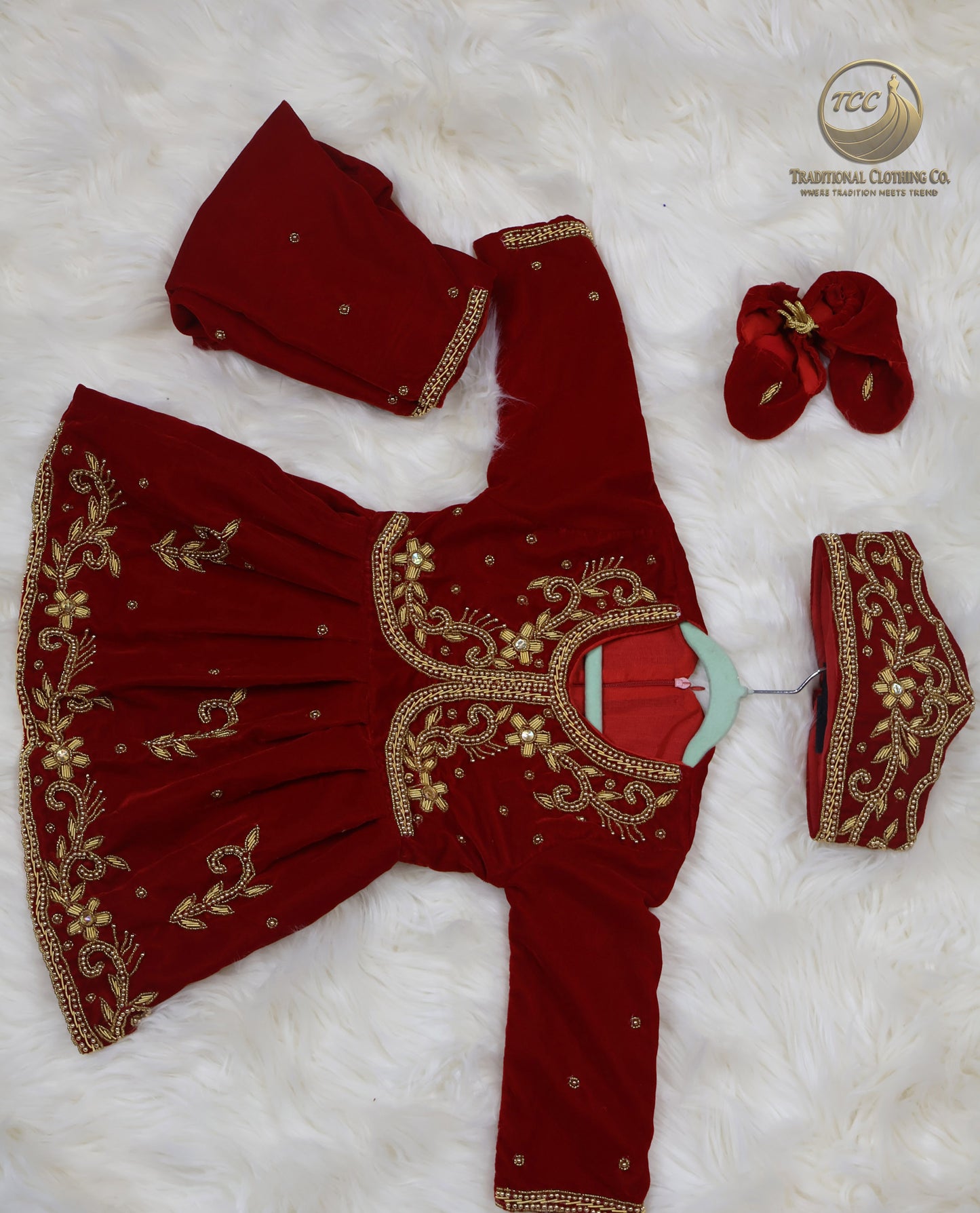 Traditional 4-Piece Pasni Set – Embroidered Festive Wear with Matching Topi & Shoes