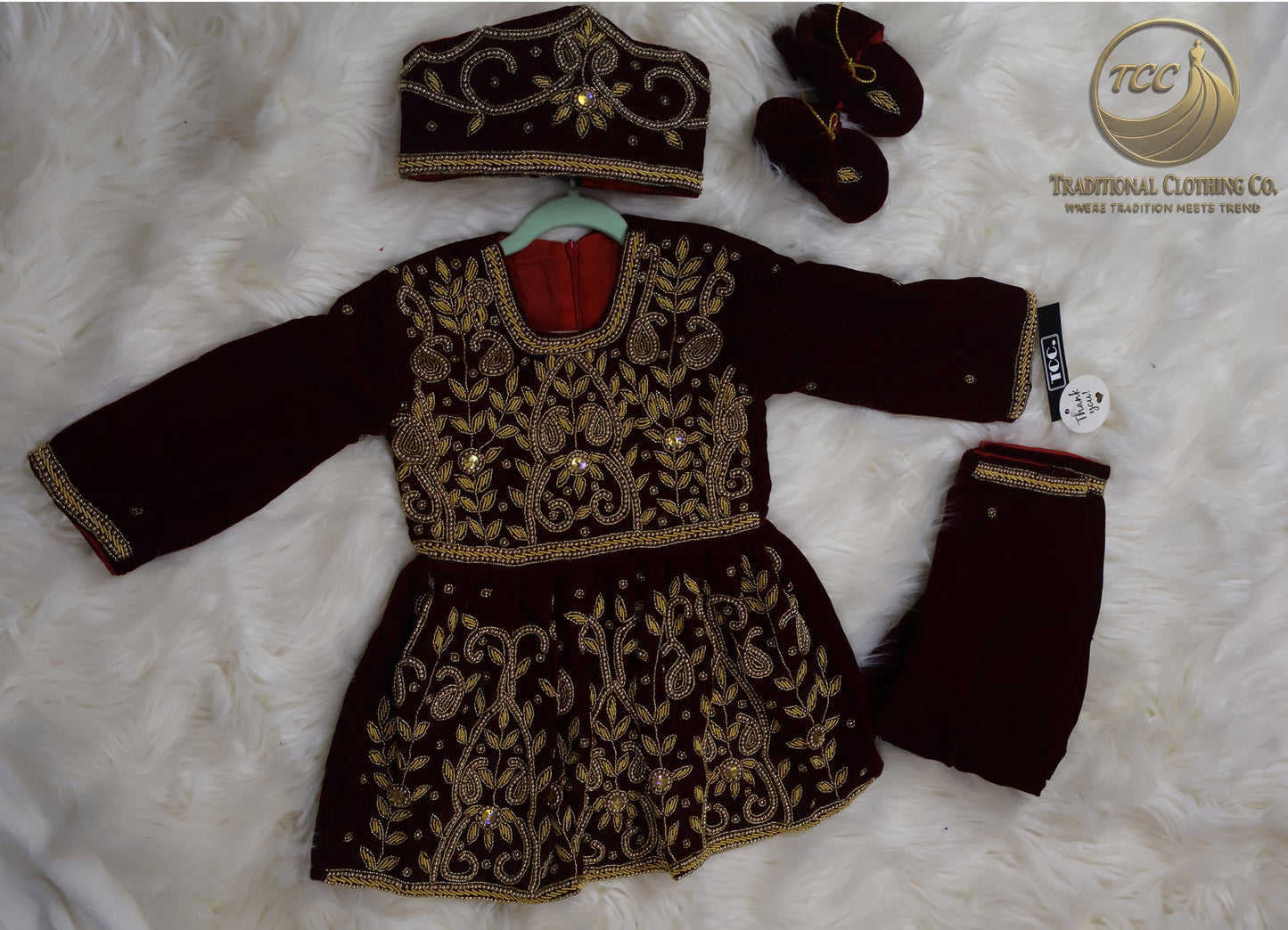 Red Maroon 4-Piece Pasni Set – Embroidered Festive Wear with Matching Topi & Shoes