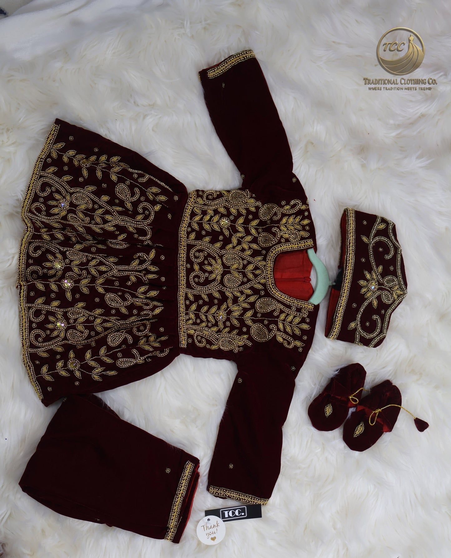 Red Maroon 4-Piece Pasni Set – Embroidered Festive Wear with Matching Topi & Shoes