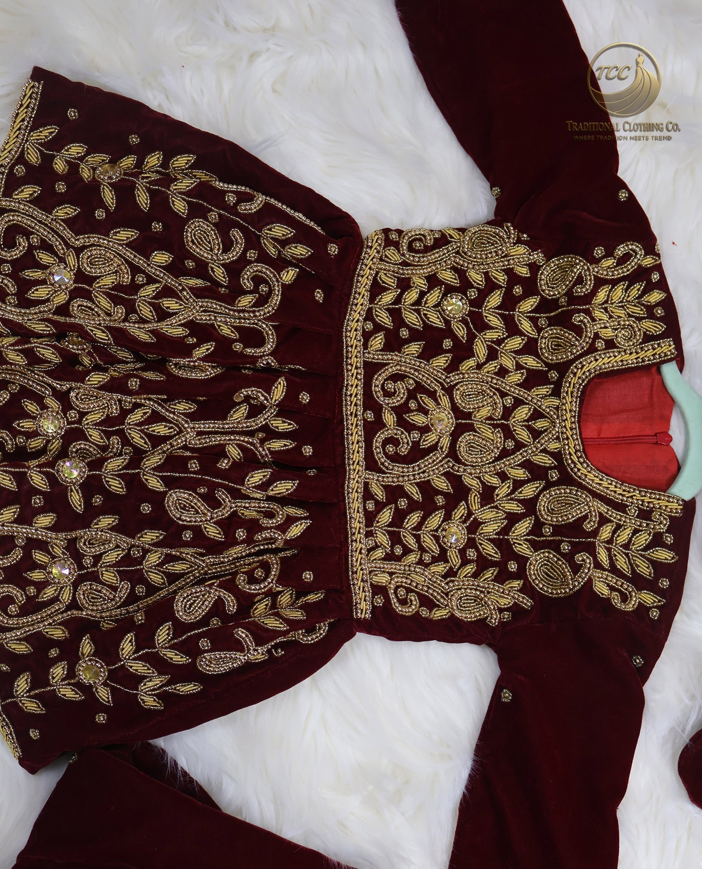 Red Maroon 4-Piece Pasni Set – Embroidered Festive Wear with Matching Topi & Shoes