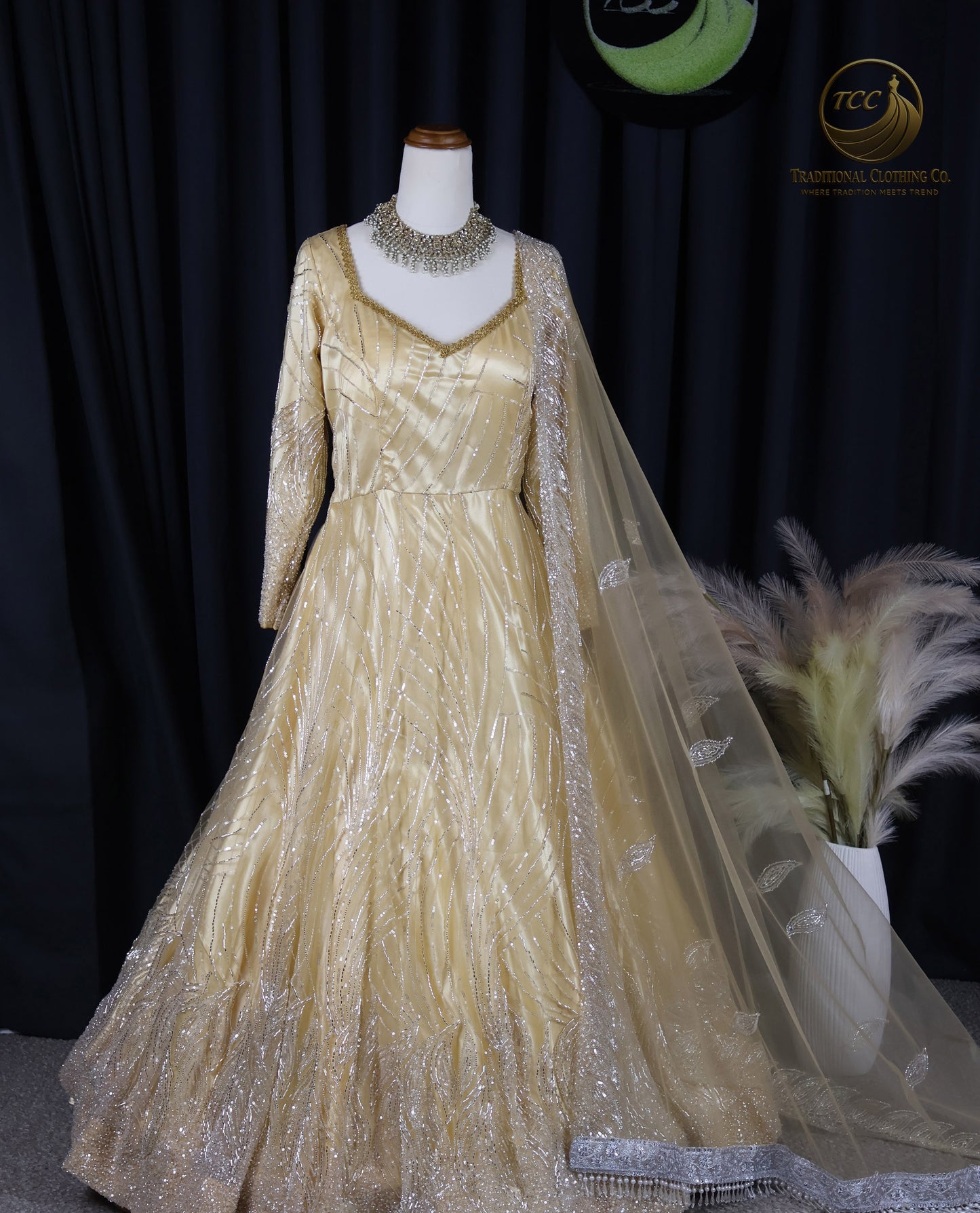Gold Embroidered Heavy work Gown with Matching Dupatta – Elegant Festive & Formal Wear
