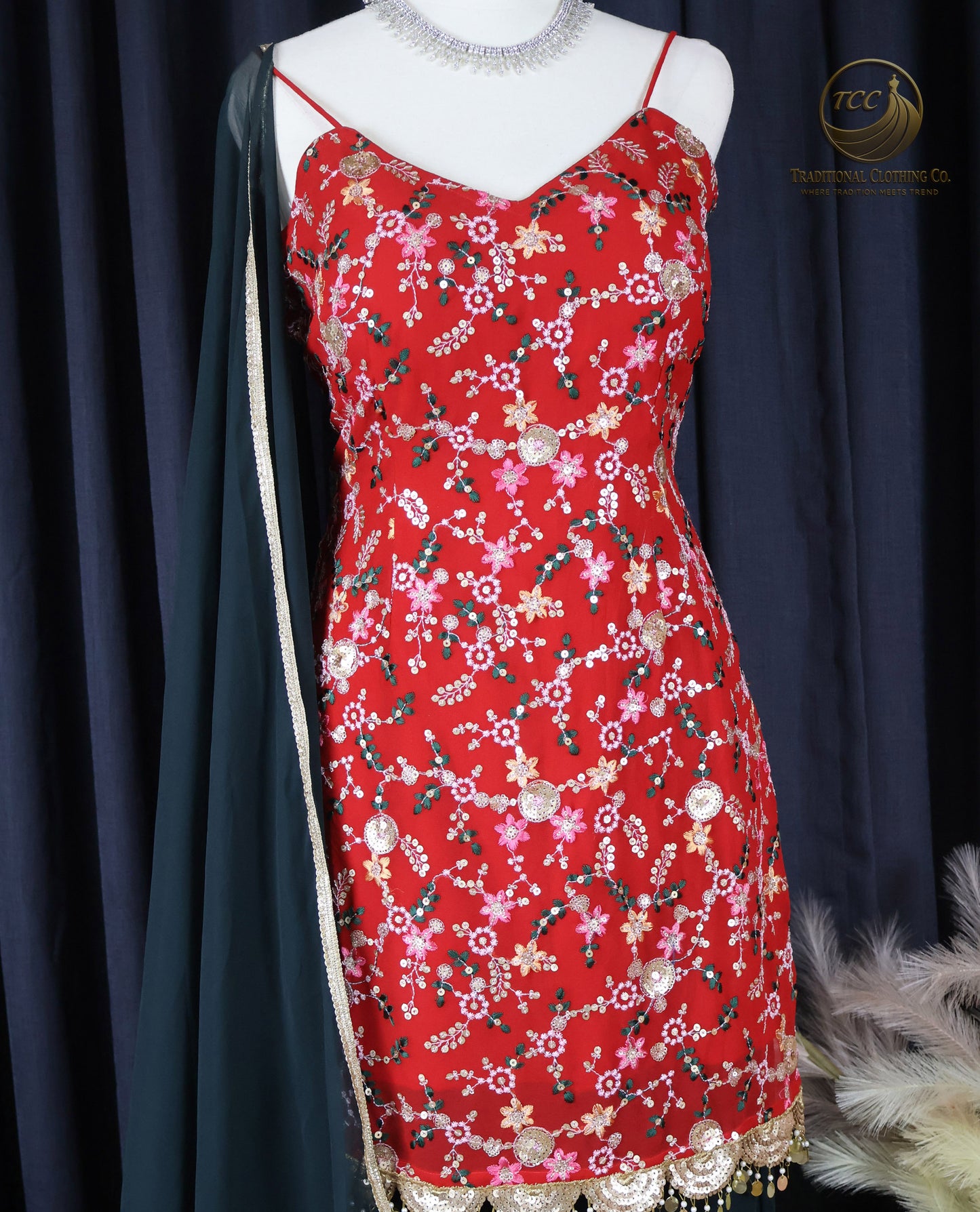 Festive Red and Green Embroidered Garara Set – 3-Piece Traditional Ensemble | Boutique Edition
