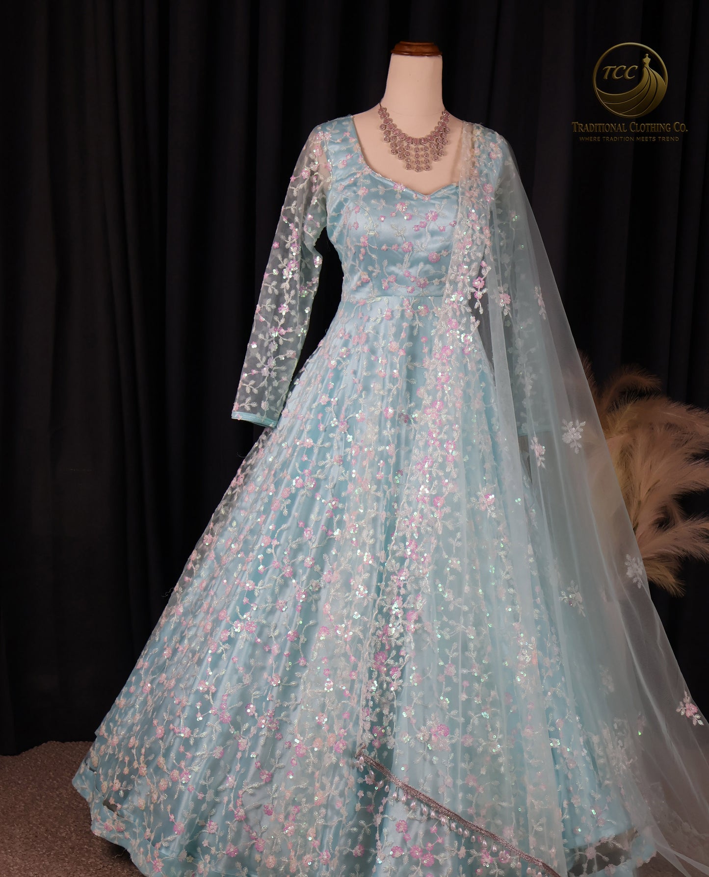 Elegant Light Blue Floral Embroidered Gown – Sequined Evening Dress | Boutique edition