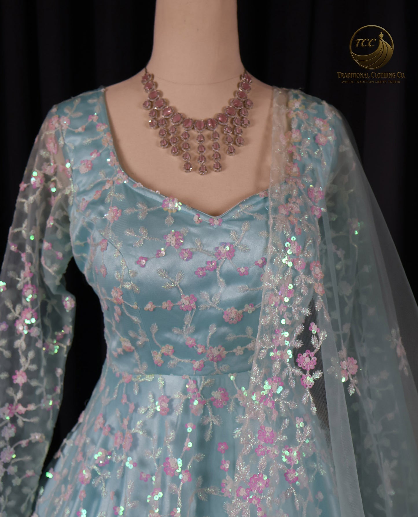 Elegant Light Blue Floral Embroidered Gown – Sequined Evening Dress | Boutique edition