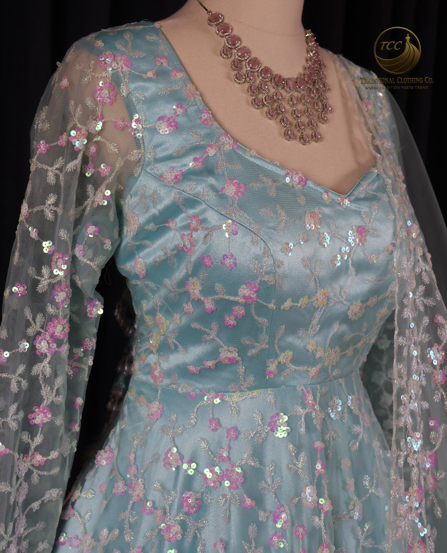 Elegant Light Blue Floral Embroidered Gown – Sequined Evening Dress | Boutique edition