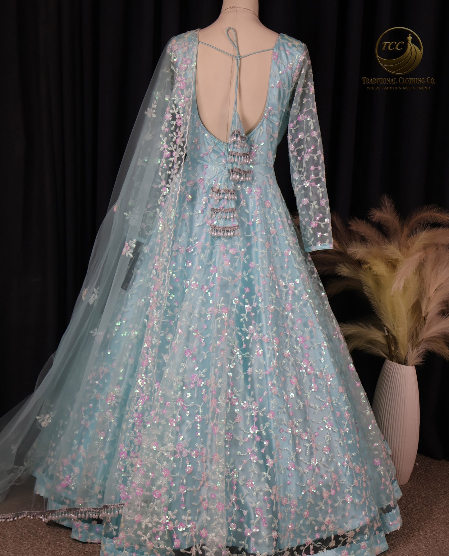 Elegant Light Blue Floral Embroidered Gown – Sequined Evening Dress | Boutique edition