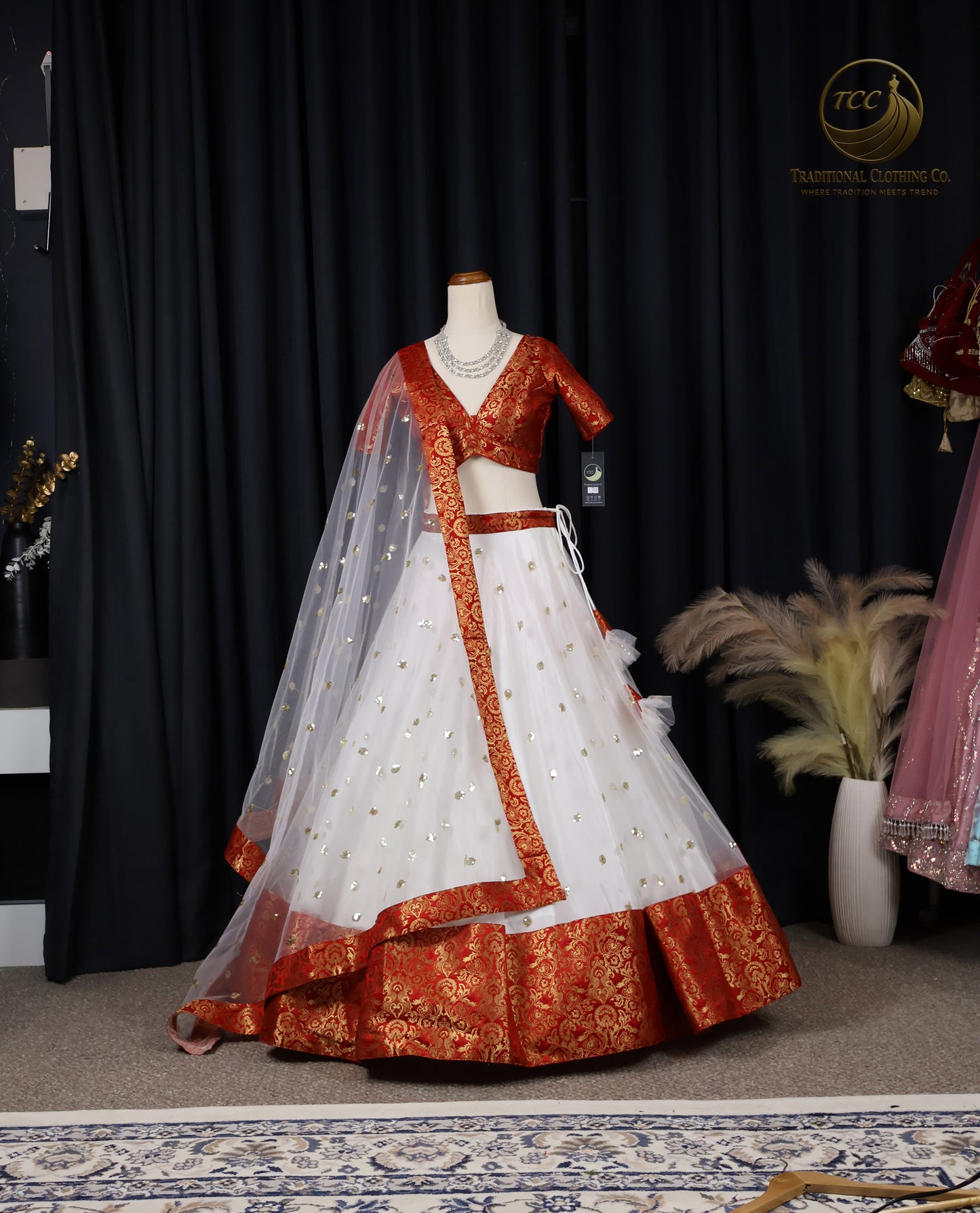 Traditional Red and White Embroidered Lehenga Choli – 3-Piece Set with Dupatta
