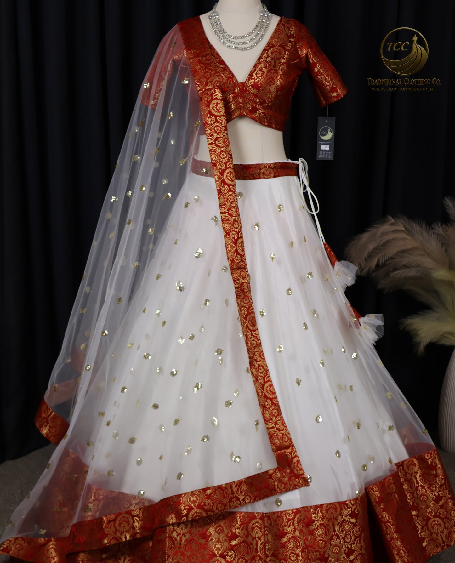 Traditional Red and White Embroidered Lehenga Choli – 3-Piece Set with Dupatta