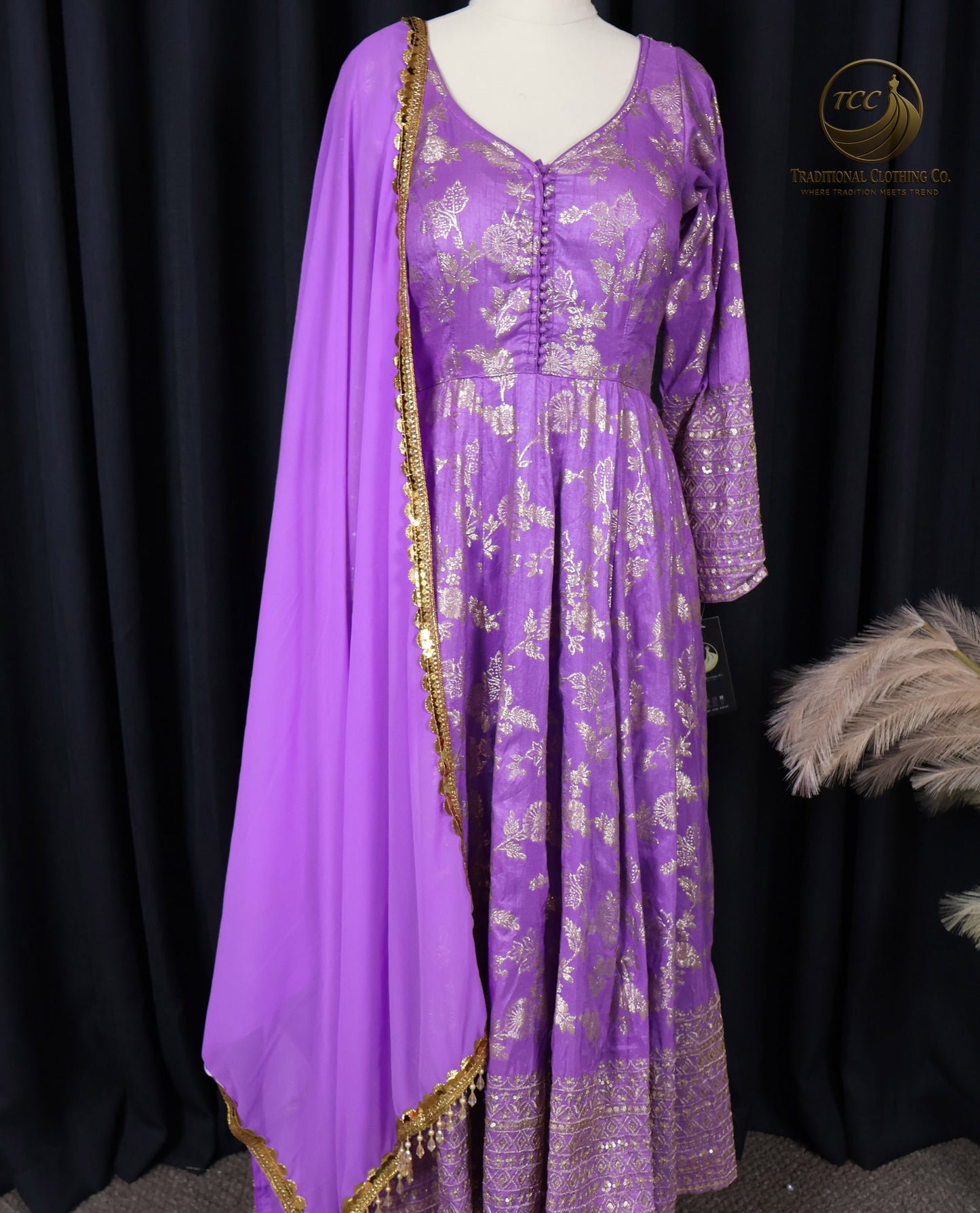 Royal Purple and Gold Embroidered Anarkali Set – 3-Piece Traditional Ensemble