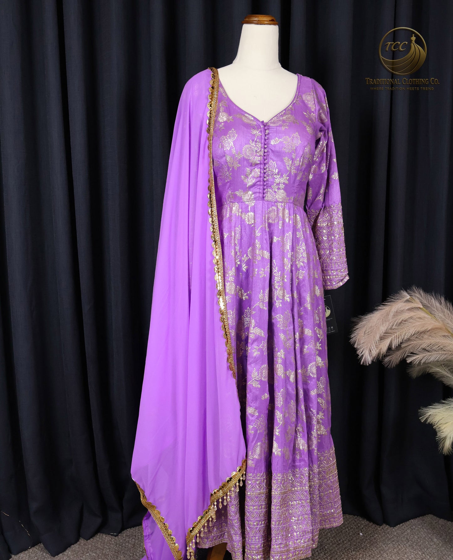 Royal Purple and Gold Embroidered Anarkali Set – 3-Piece Traditional Ensemble