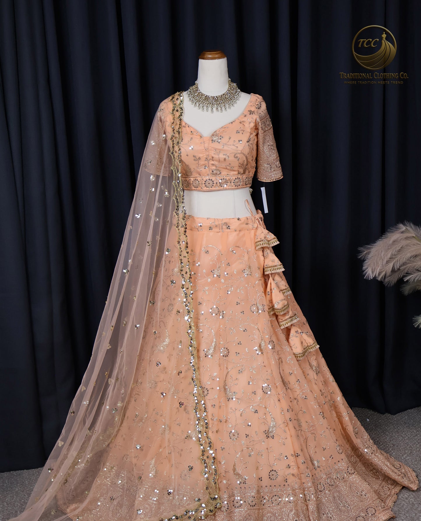 Elegant Peach Embroidered Lehenga Choli – 4-Piece Set with Dupatta & Matching Potli Bag