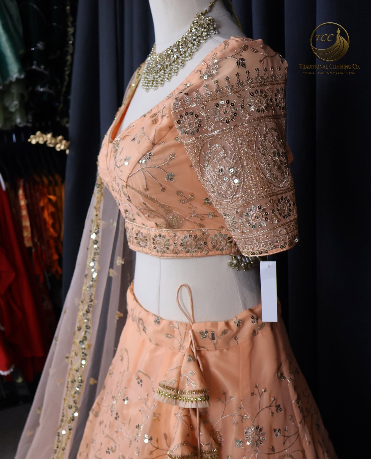 Elegant Peach Embroidered Lehenga Choli – 4-Piece Set with Dupatta & Matching Potli Bag
