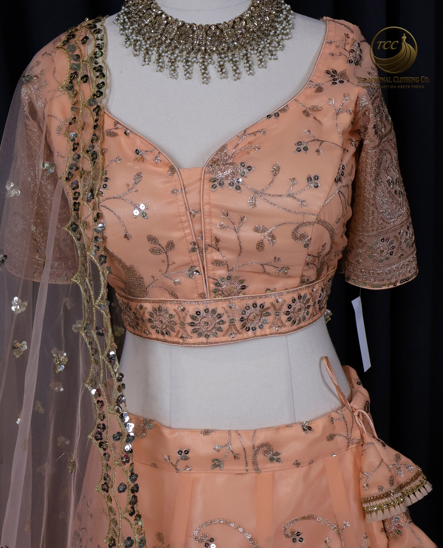 Elegant Peach Embroidered Lehenga Choli – 4-Piece Set with Dupatta & Matching Potli Bag