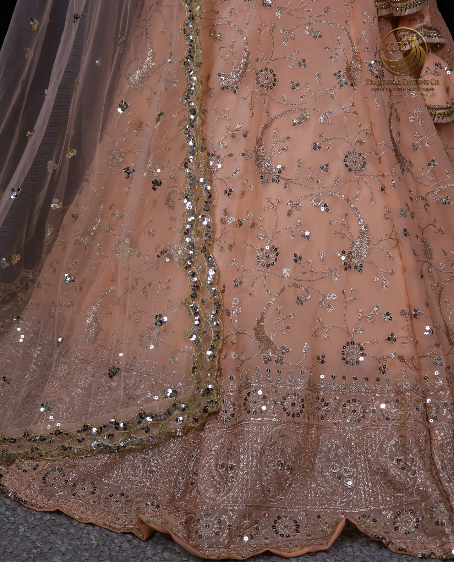 Elegant Peach Embroidered Lehenga Choli – 4-Piece Set with Dupatta & Matching Potli Bag