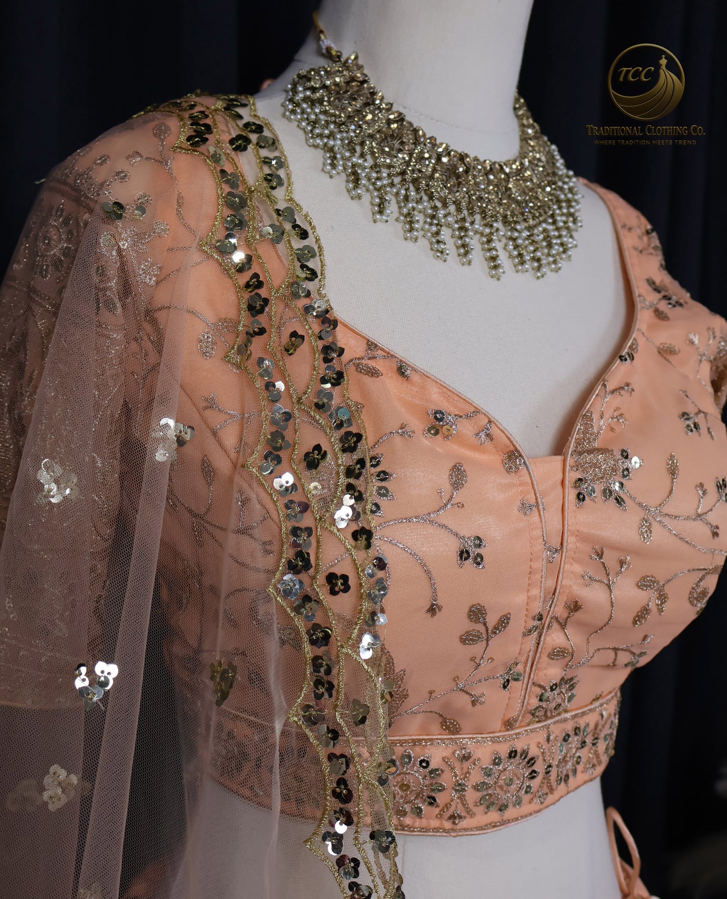 Elegant Peach Embroidered Lehenga Choli – 4-Piece Set with Dupatta & Matching Potli Bag
